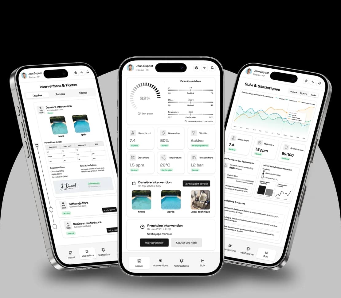 Application mobile Entretien Piscine SAP - Interventions, Paramètres de l'eau, Suivi & Statistiques